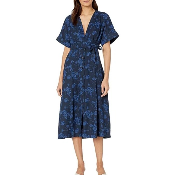 Equipment Dresses & Skirts - EQUIPMENT Blue Floral Print Wrap Tie Kimono Midi Button Up Dress v neck size 6